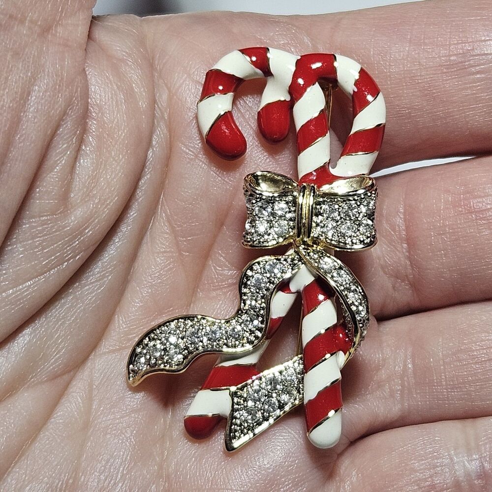 Vintage Red & White Double Candy Cane Enamel Rhinestone Brooch Pendant Gold Tone